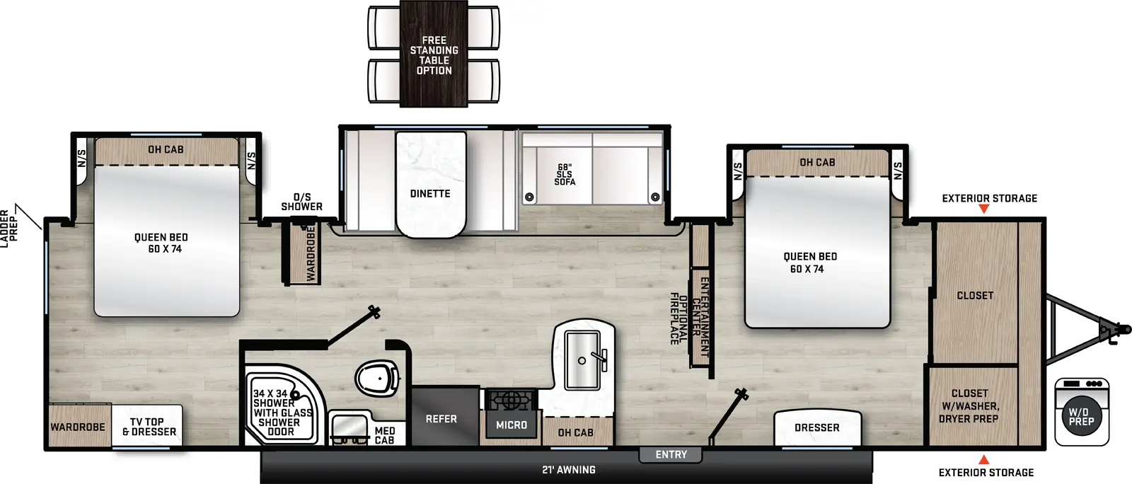 Aurora 34BHTS (2 Queen Beds) Floorplan